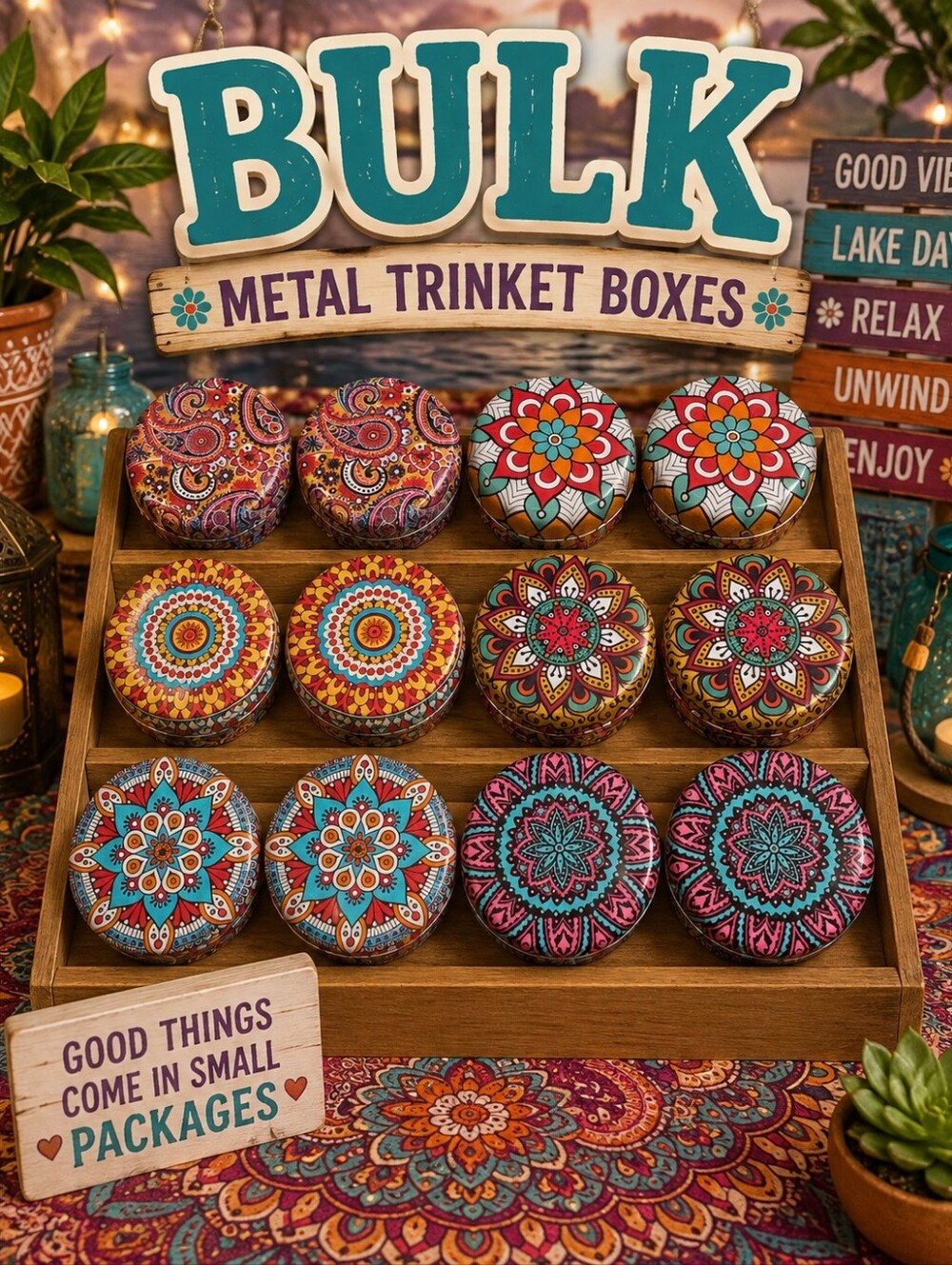 BULK Boho Colorful Metal Trinket Boxes - 12 Piece Decorative Set